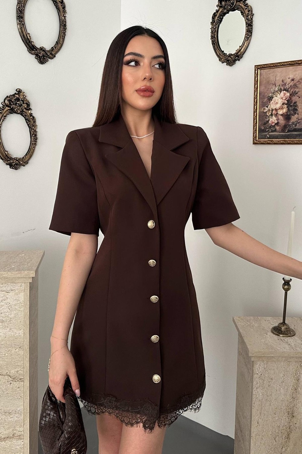 Moda Days Kadın Siyah Dantel Etek Uçlu Gold Düğmeli Ceket Yaka Mini Boy Kısa Kollu Ceket görsel 2