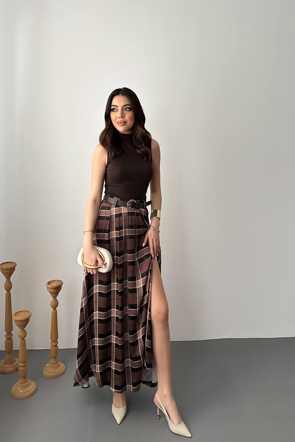 Moda Days Kadın Mürdüm Ekose Desenli Yüksek Bel Yırtmaçlı A Kesim Maxi Etek