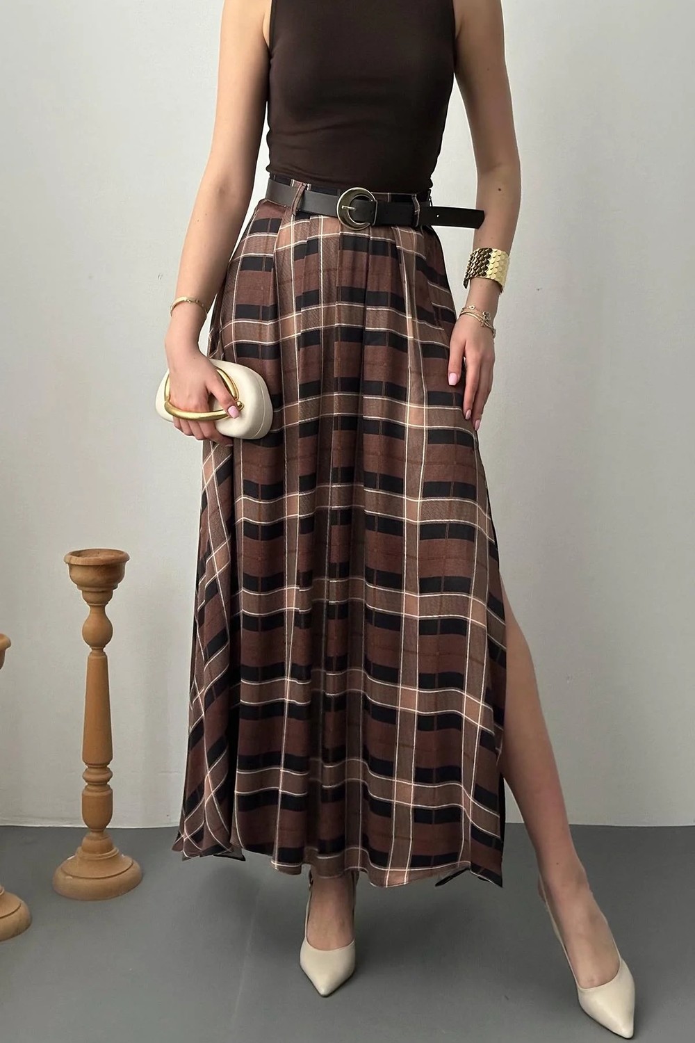 Moda Days Kadın Mürdüm Ekose Desenli Yüksek Bel Yırtmaçlı A Kesim Maxi Etek görsel 3