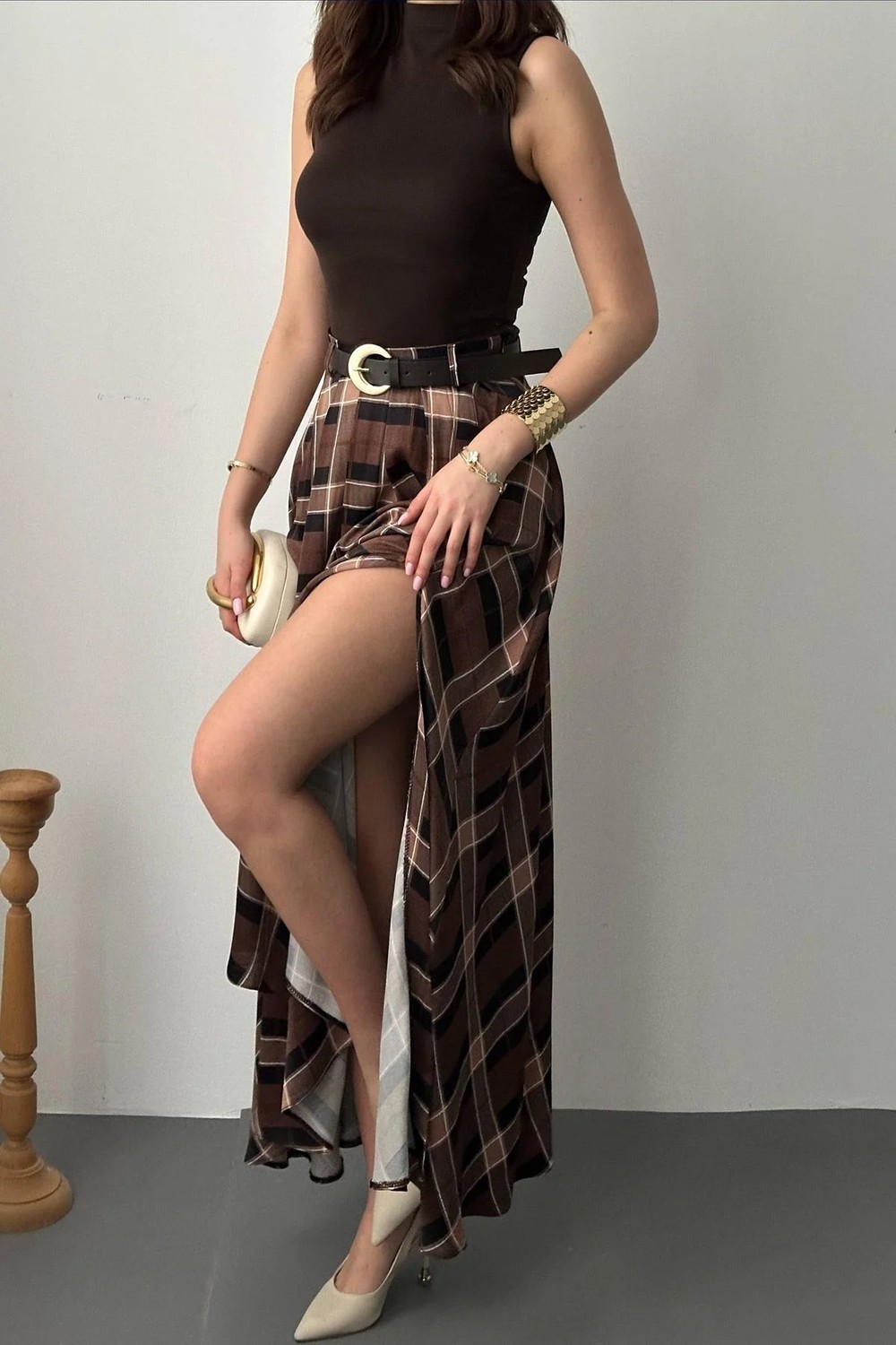 Moda Days Kadın Mürdüm Ekose Desenli Yüksek Bel Yırtmaçlı A Kesim Maxi Etek görsel 4