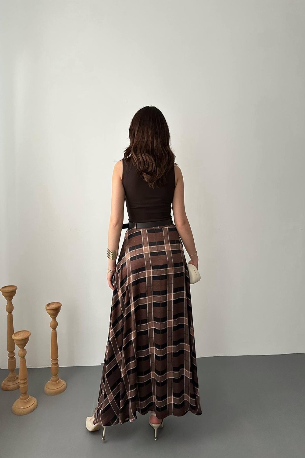 Moda Days Kadın Mürdüm Ekose Desenli Yüksek Bel Yırtmaçlı A Kesim Maxi Etek görsel 5
