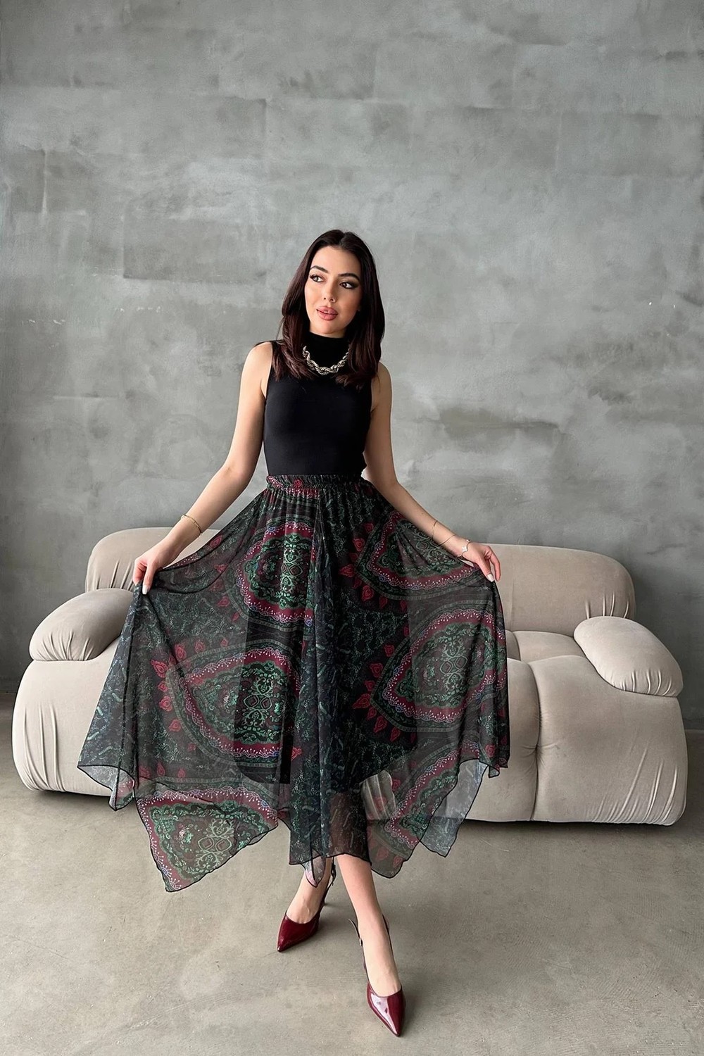 Moda Days Kadın Lacivert Desenli Şifon Astarlı Lastikli Bel Dilimli Maxi Etek