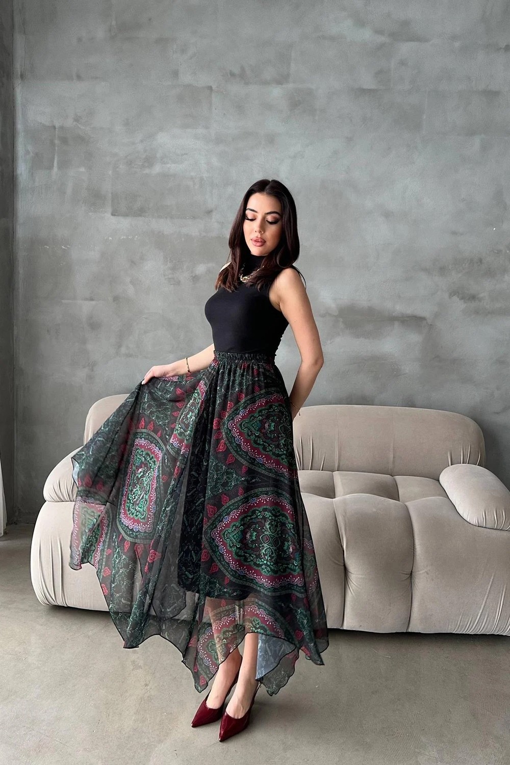 Moda Days Kadın Lacivert Desenli Şifon Astarlı Lastikli Bel Dilimli Maxi Etek görsel 2