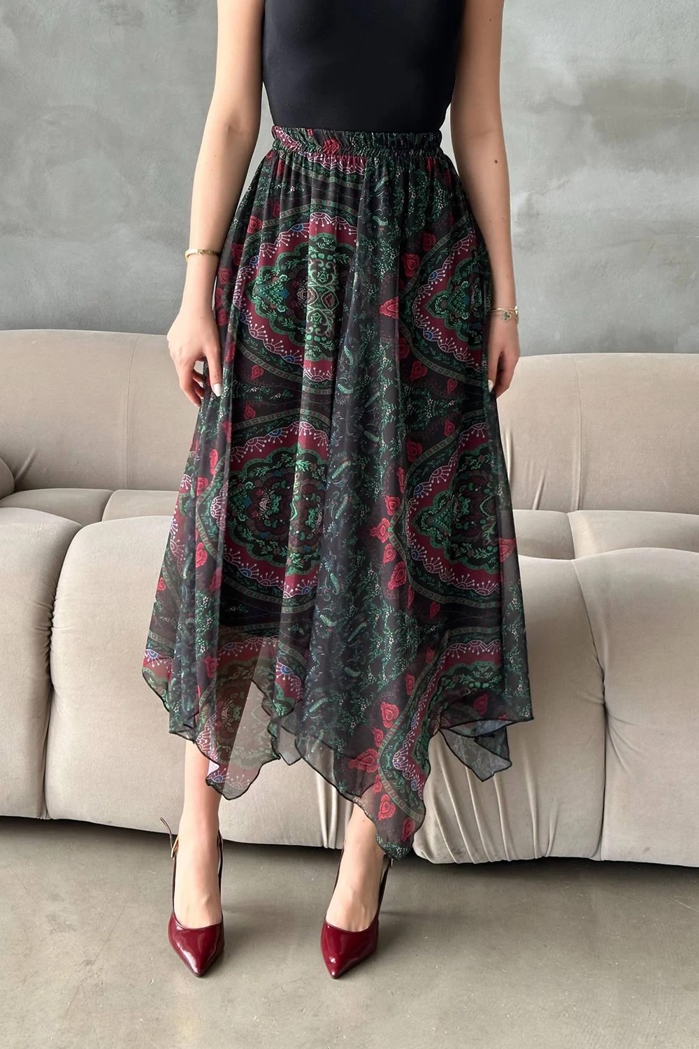 Moda Days Kadın Lacivert Desenli Şifon Astarlı Lastikli Bel Dilimli Maxi Etek görsel 3