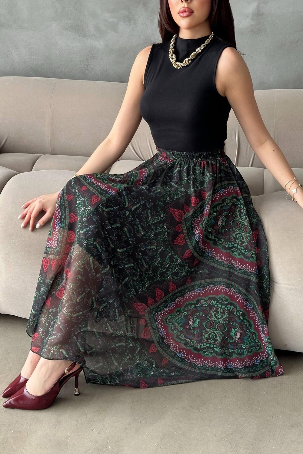 Moda Days Kadın Lacivert Desenli Şifon Astarlı Lastikli Bel Dilimli Maxi Etek görsel 4