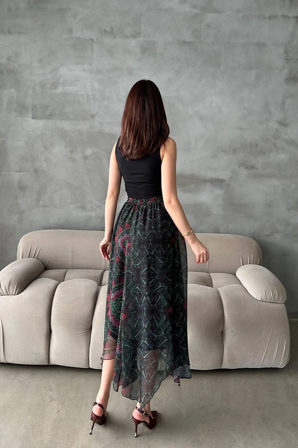 Moda Days Kadın Lacivert Desenli Şifon Astarlı Lastikli Bel Dilimli Maxi Etek görsel 5