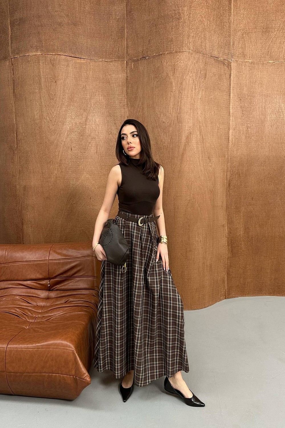 Moda Days Kadın Kahverengi Maxi Etek Ekose Yüksek Bel Kemer Görünümlü Yırtmaçlı Dokuma görsel 6