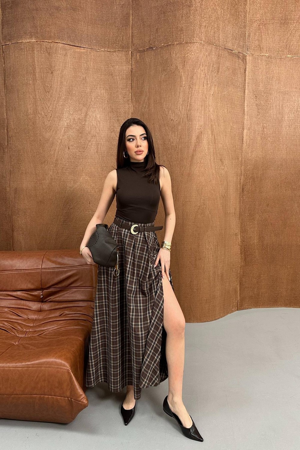 Moda Days Kadın Kahverengi Maxi Etek Ekose Yüksek Bel Kemer Görünümlü Yırtmaçlı Dokuma görsel 7