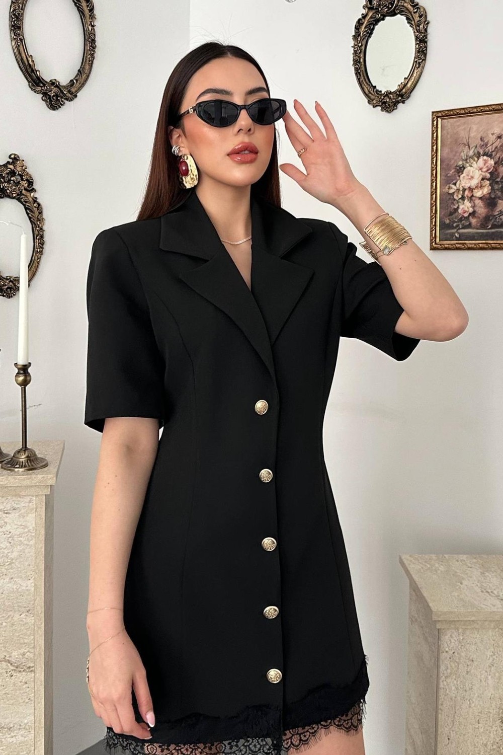 Moda Days Kadın Siyah Dantel Etek Uçlu Gold Düğmeli Ceket Yaka Mini Boy Kısa Kollu Ceket görsel 7