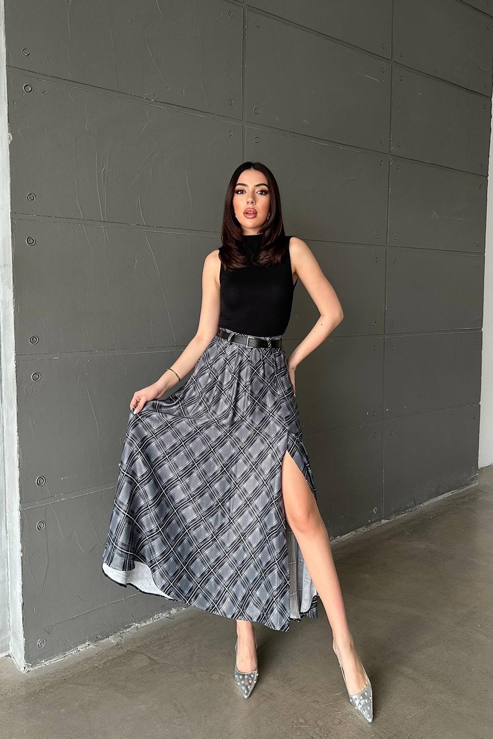 Moda Days Kadın Mürdüm Ekose Desenli Yüksek Bel Yırtmaçlı A Kesim Maxi Etek