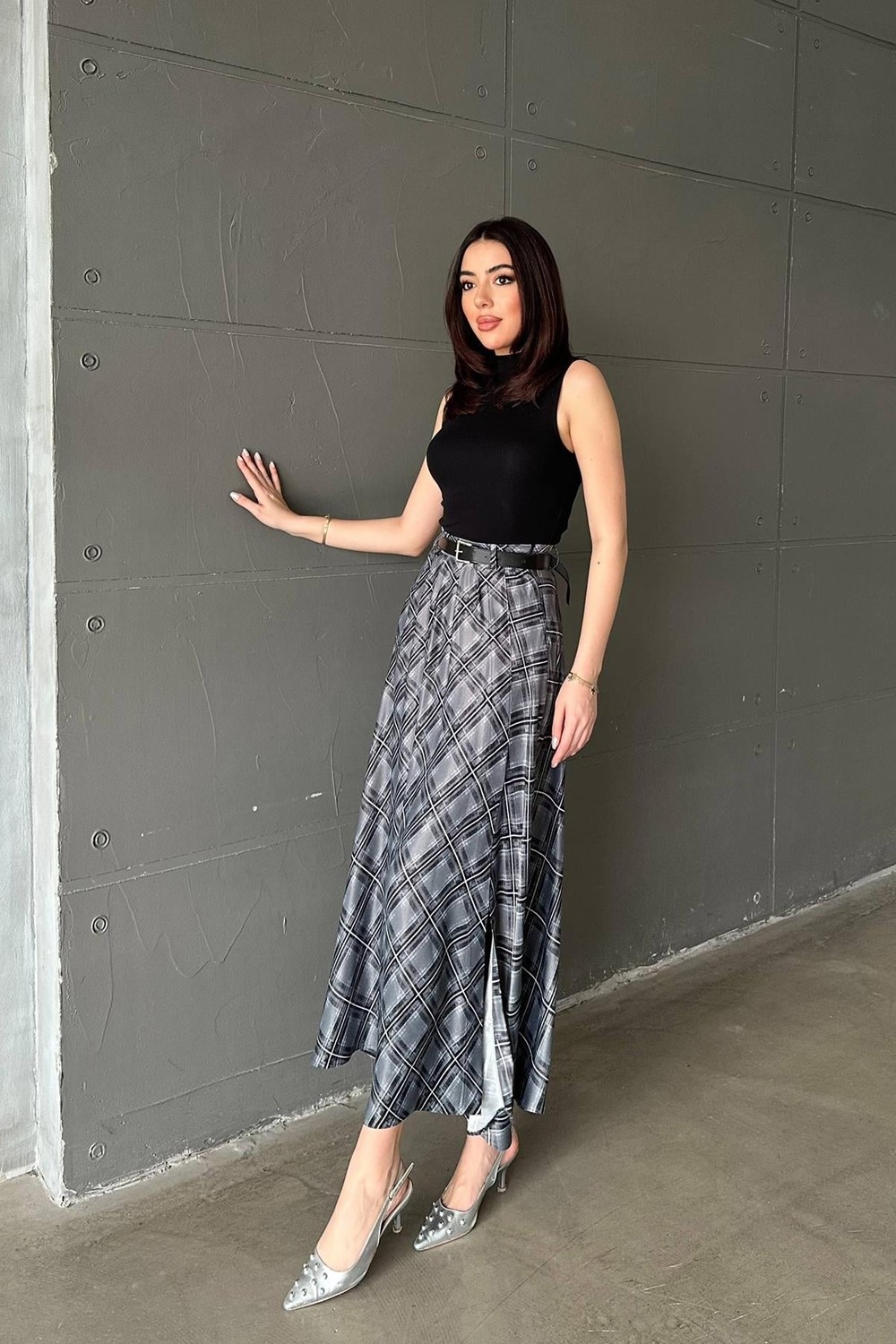 Moda Days Kadın Mürdüm Ekose Desenli Yüksek Bel Yırtmaçlı A Kesim Maxi Etek görsel 7