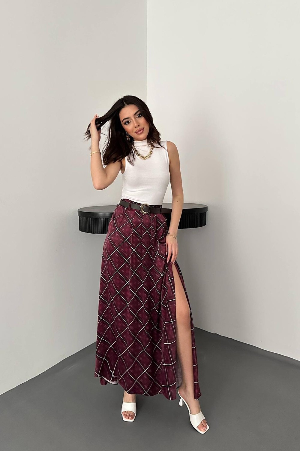 Moda Days Kadın Mürdüm Ekose Desenli Yüksek Bel Yırtmaçlı A Kesim Maxi Etek