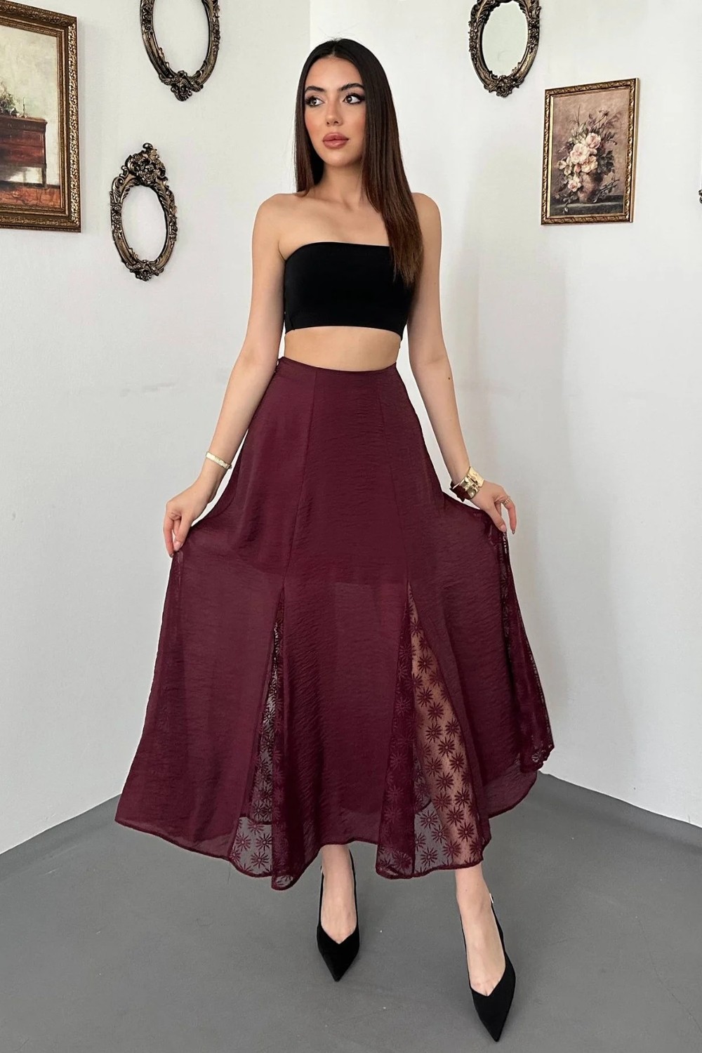 Moda Days Kadın Uzun Etek Dantel Detaylı Kloş
