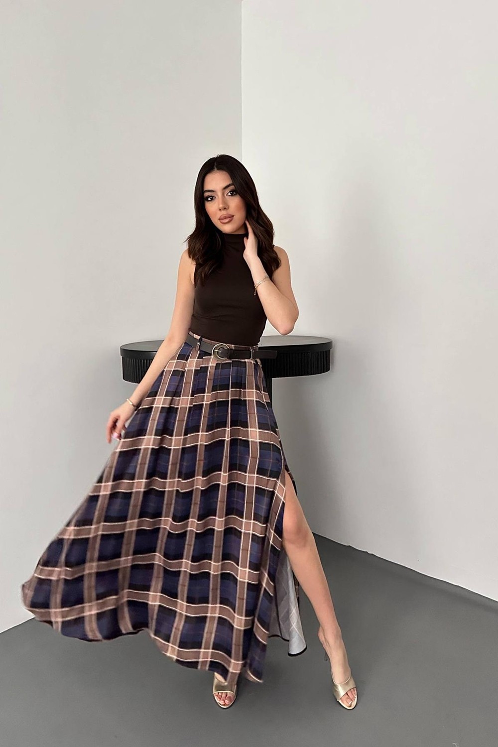 Moda Days Kadın Mürdüm Ekose Desenli Yüksek Bel Yırtmaçlı A Kesim Maxi Etek
