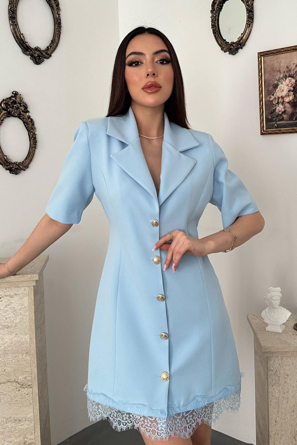Moda Days Kadın Siyah Dantel Etek Uçlu Gold Düğmeli Ceket Yaka Mini Boy Kısa Kollu Ceket