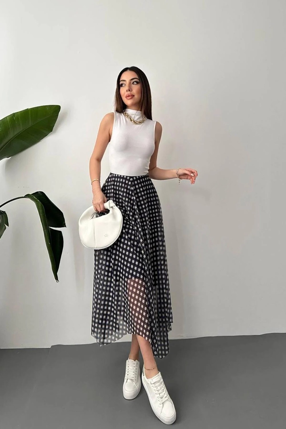 Moda Days Kadın Lacivert Ekose Desenli Astarlı Tül Asimetrik Midi A-Line Etek görsel 6
