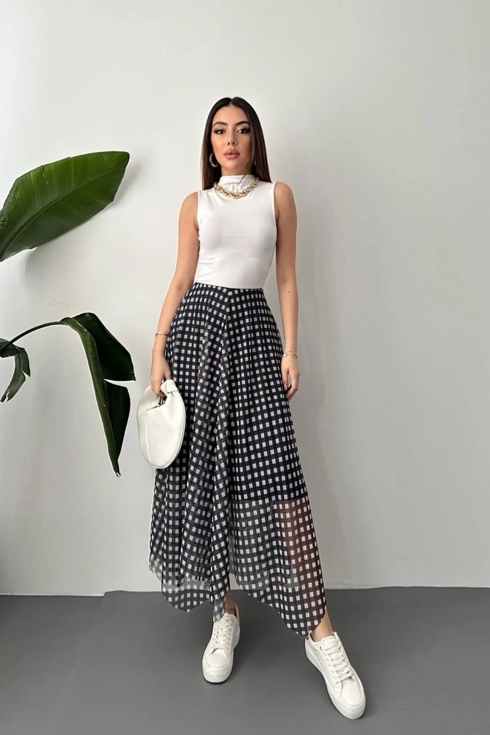 Moda Days Kadın Lacivert Ekose Desenli Astarlı Tül Asimetrik Midi A-Line Etek görsel 7