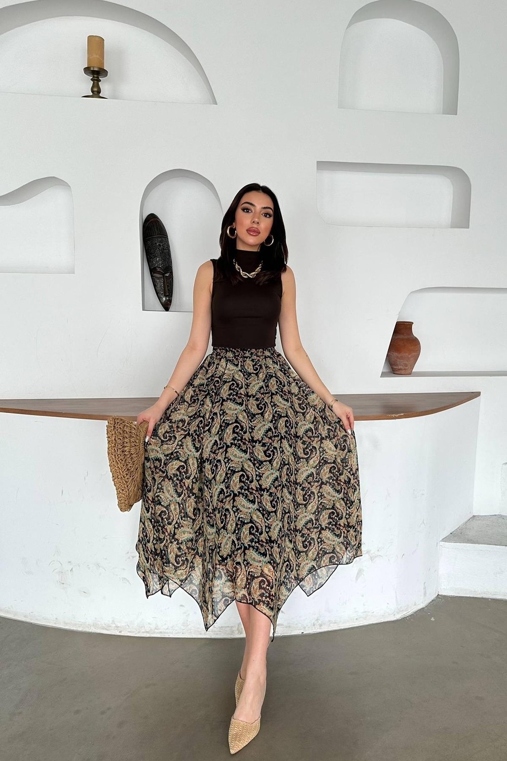 Moda Days Kadın Lacivert Desenli Şifon Astarlı Lastikli Bel Dilimli Maxi Etek