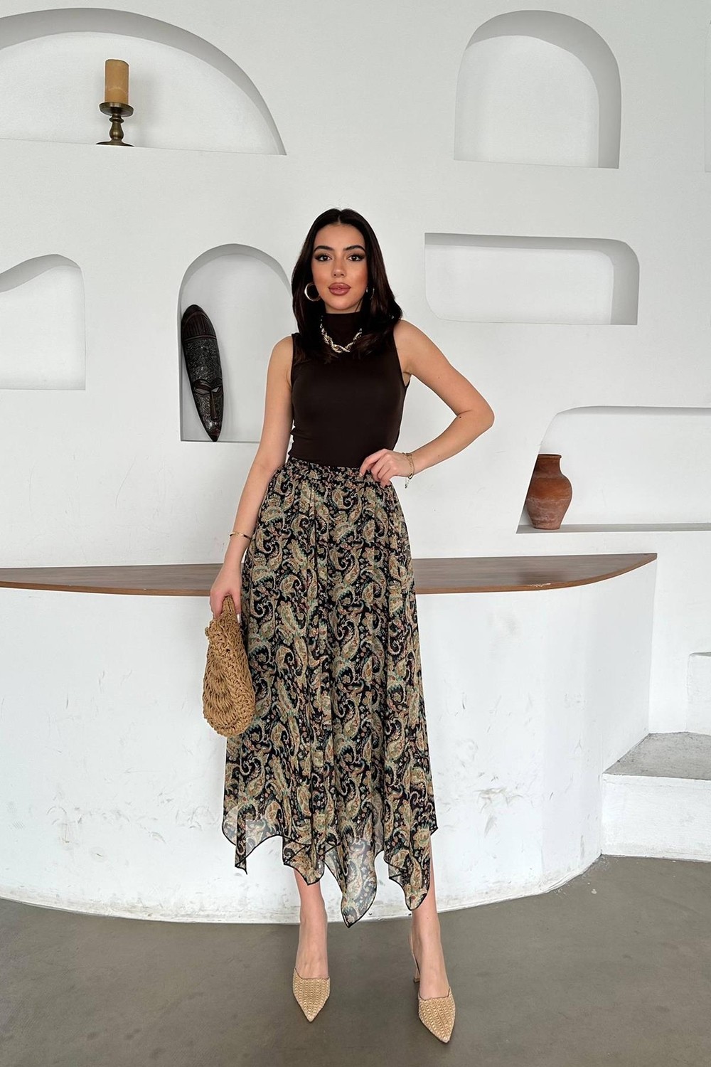 Moda Days Kadın Lacivert Desenli Şifon Astarlı Lastikli Bel Dilimli Maxi Etek görsel 7