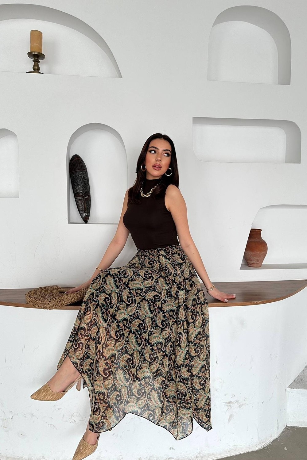 Moda Days Kadın Lacivert Desenli Şifon Astarlı Lastikli Bel Dilimli Maxi Etek görsel 8