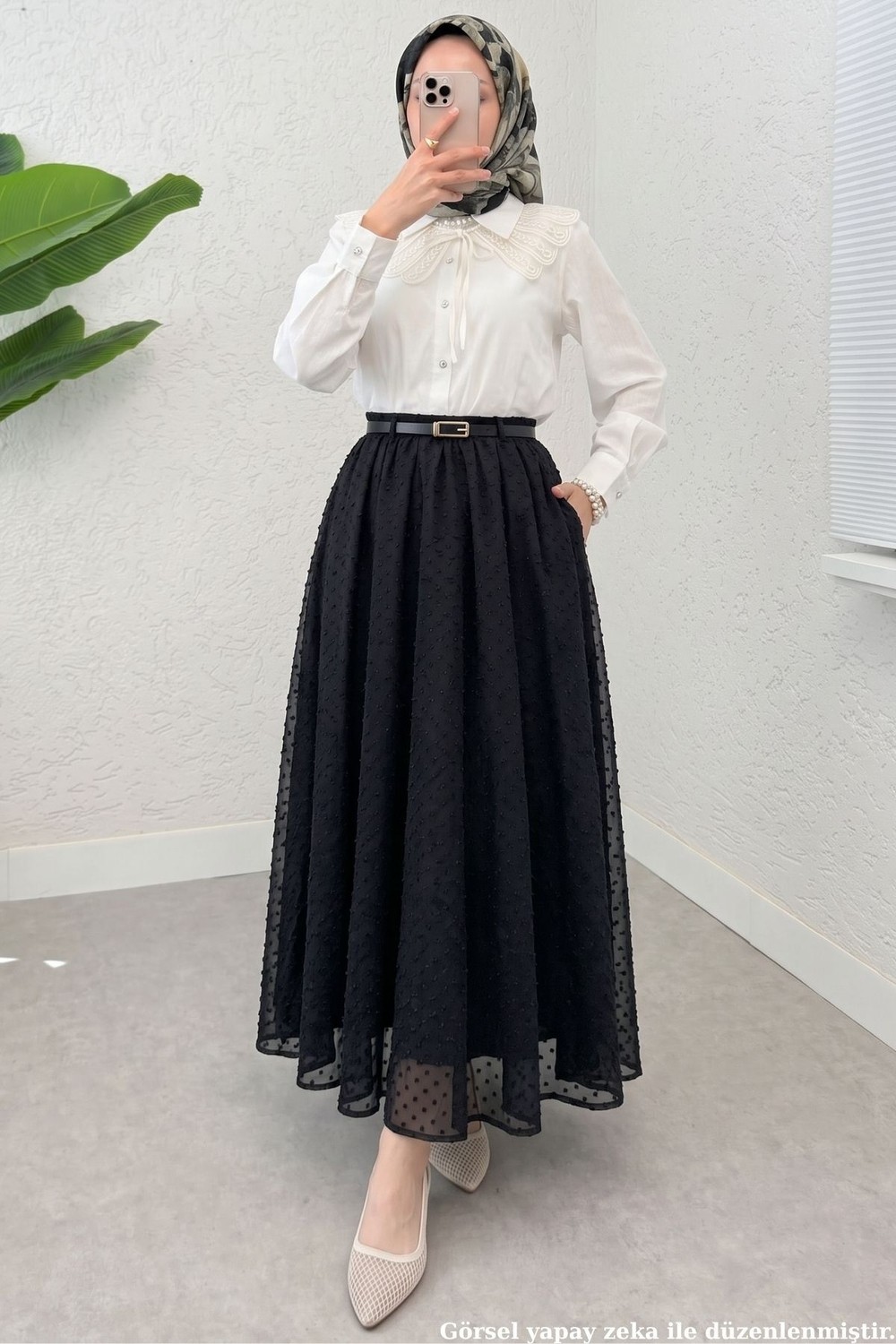 Modestim Kadın Beli Lastikli Kemer Detay Pıtırcık Desenli Kumaş Astarlı Lila Tesettür Etek