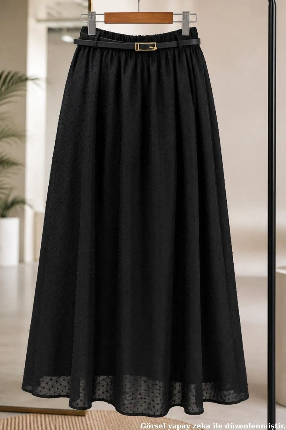 Modestim Kadın Beli Lastikli Kemer Detay Pıtırcık Desenli Kumaş Astarlı Lila Tesettür Etek görsel 2