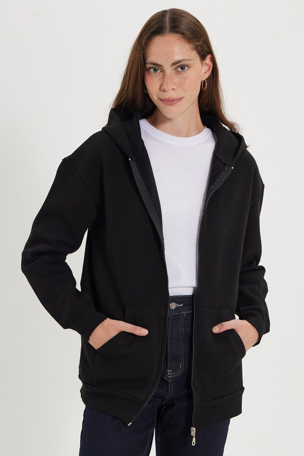 Tudors Kadın Oversize Geniş Kesim %100 Pamuk Kapüşonlu Fermuarlı Cepli Siyah Sweatshirt