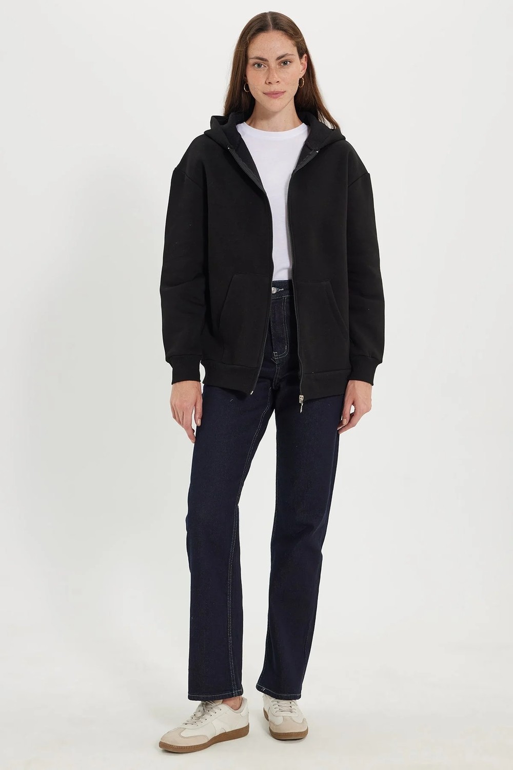 Tudors Kadın Oversize Geniş Kesim %100 Pamuk Kapüşonlu Fermuarlı Cepli Siyah Sweatshirt görsel 2