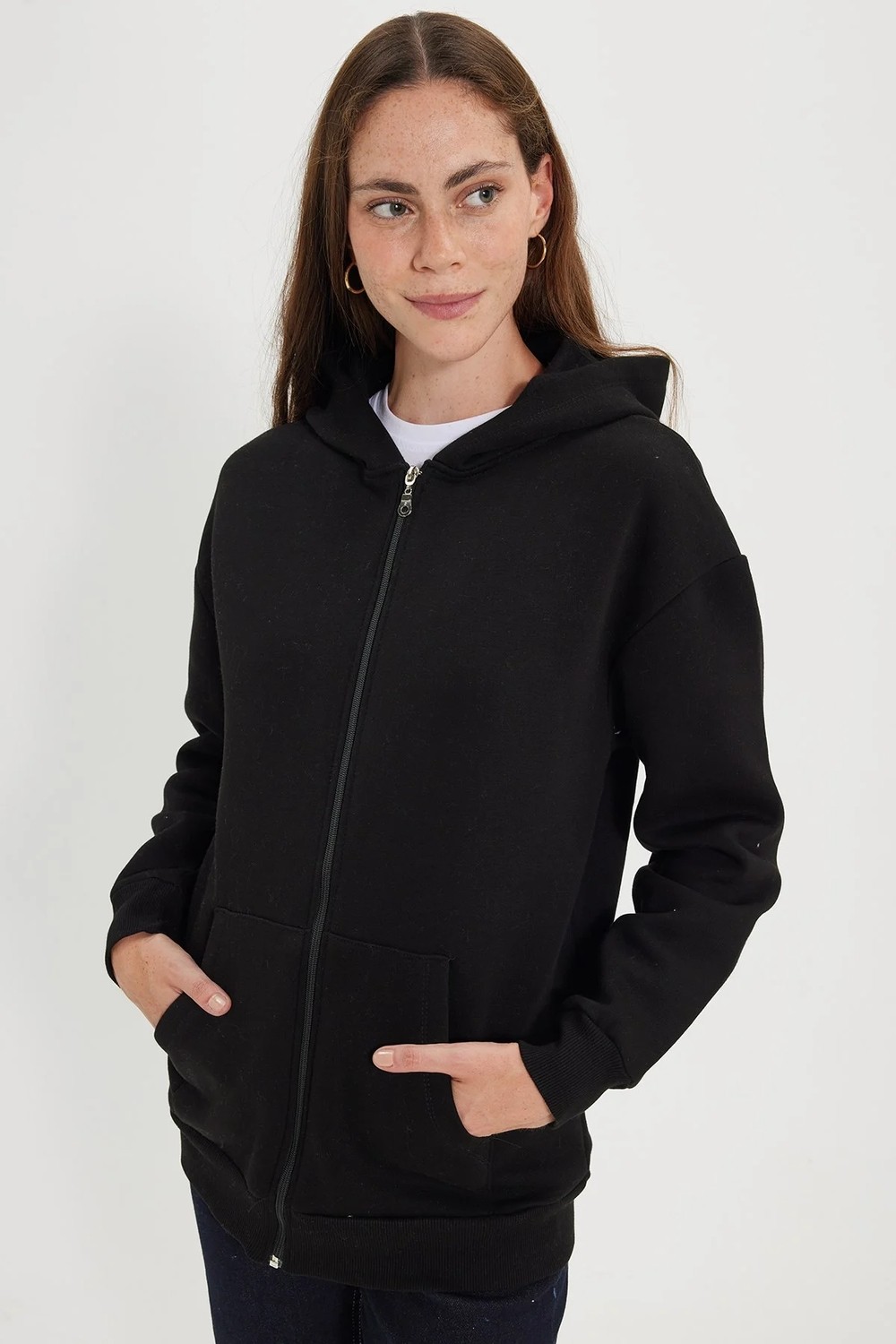 Tudors Kadın Oversize Geniş Kesim %100 Pamuk Kapüşonlu Fermuarlı Cepli Siyah Sweatshirt görsel 3