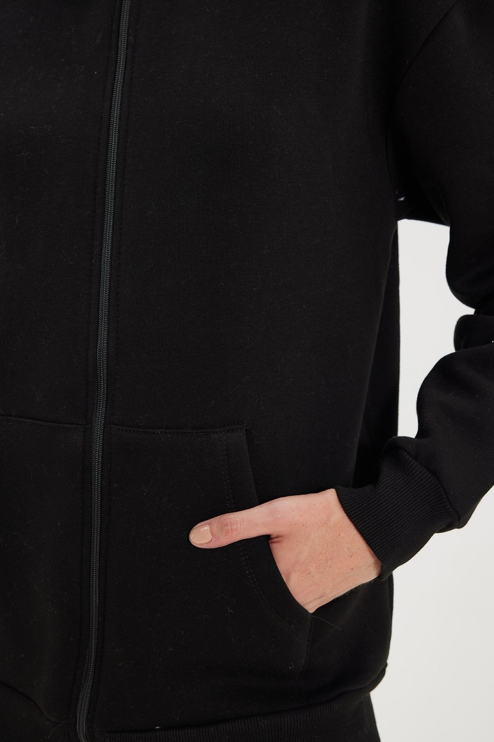 Tudors Kadın Oversize Geniş Kesim %100 Pamuk Kapüşonlu Fermuarlı Cepli Siyah Sweatshirt görsel 5