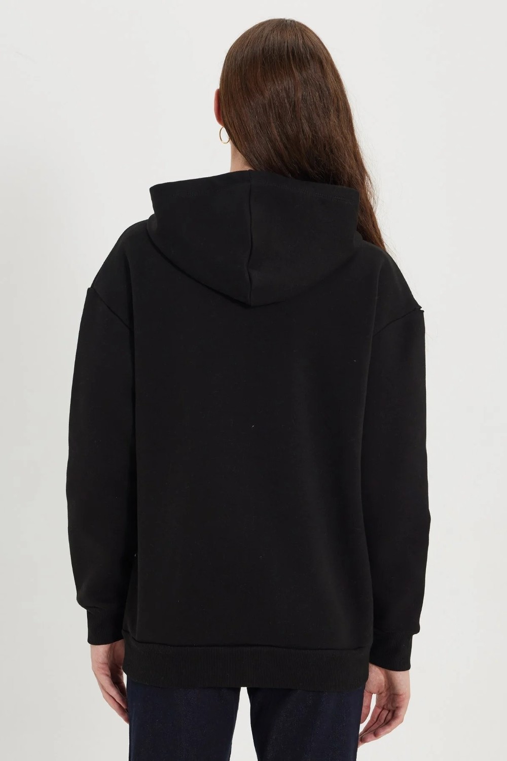 Tudors Kadın Oversize Geniş Kesim %100 Pamuk Kapüşonlu Fermuarlı Cepli Siyah Sweatshirt görsel 7