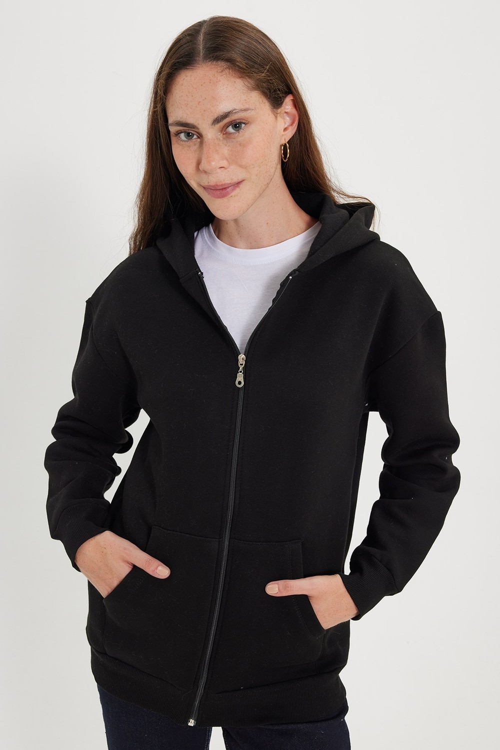 Tudors Kadın Oversize Geniş Kesim %100 Pamuk Kapüşonlu Fermuarlı Cepli Siyah Sweatshirt görsel 8