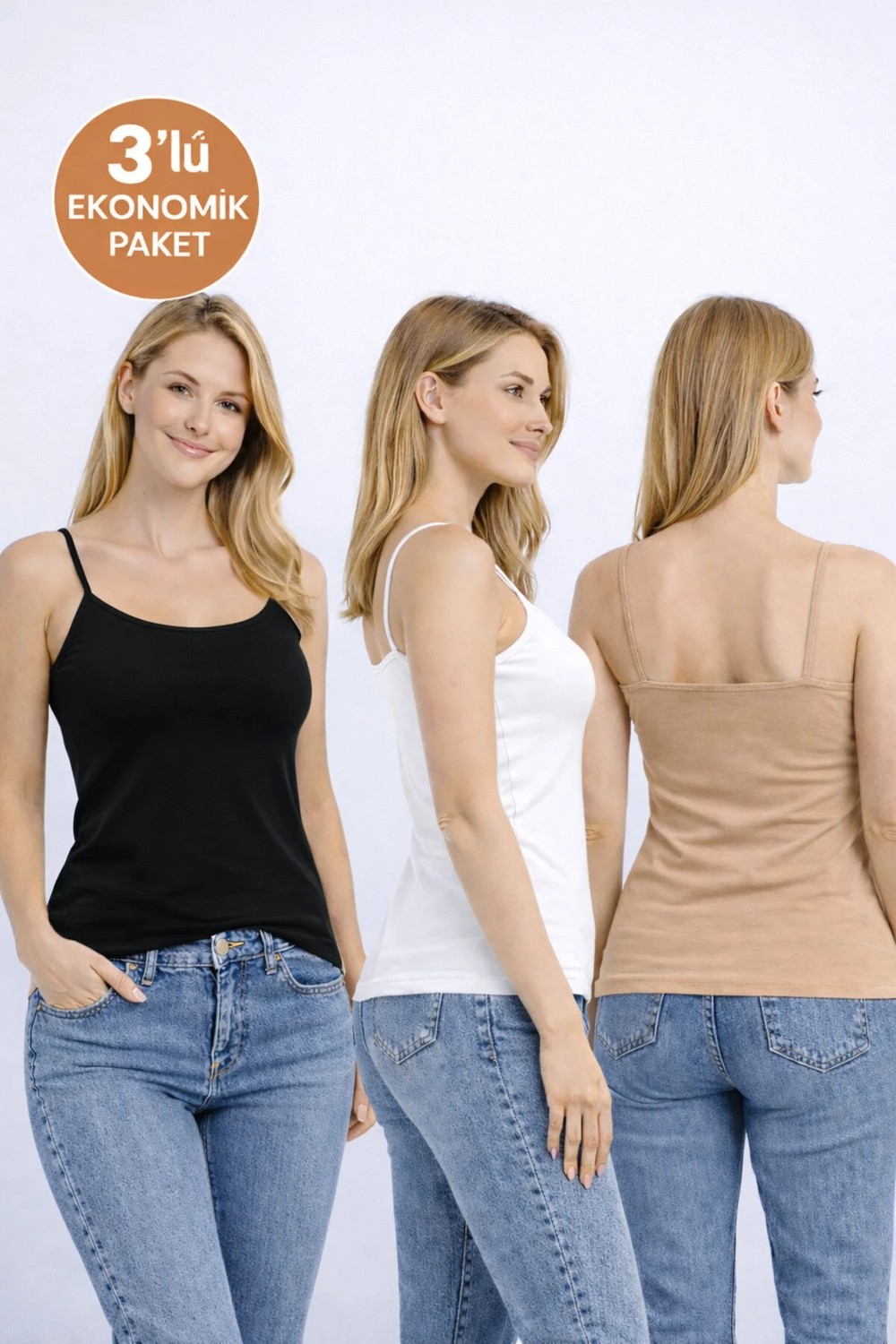 Pierre Cardin Kadın 3'lü Ekonomik Paket 1230 Ip Askılı Basic Pamuklu Atlet