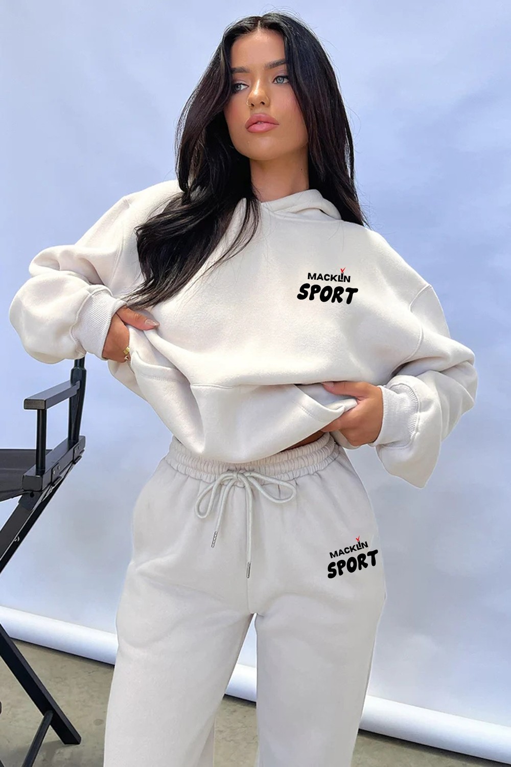 Macklin Unisex Erkek Kadın Macklin Sport Yazı Sırt Baskılı Oversize 3 Iplik Kapüşonlu Hoodie ve Jogger Eşofman Takımı