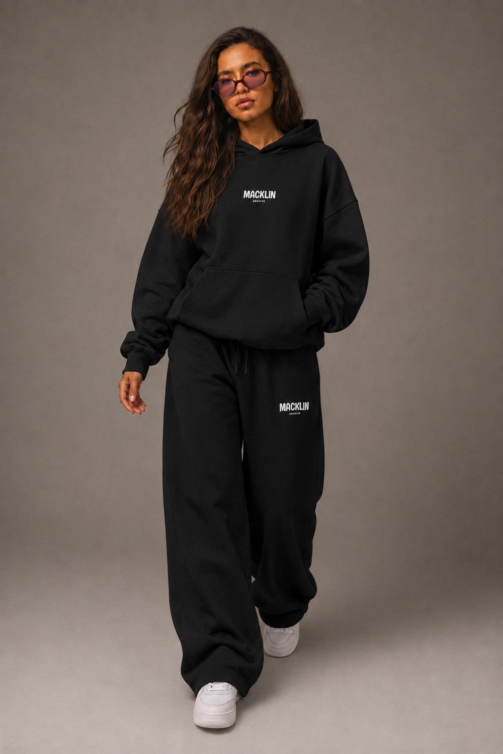 Macklin Unisex Kadın Erkek Minimal Yazı Baskılı Oversize 3 Iplik Kapüşonlu Sweatshirt ve Baggy Eşofman Altı