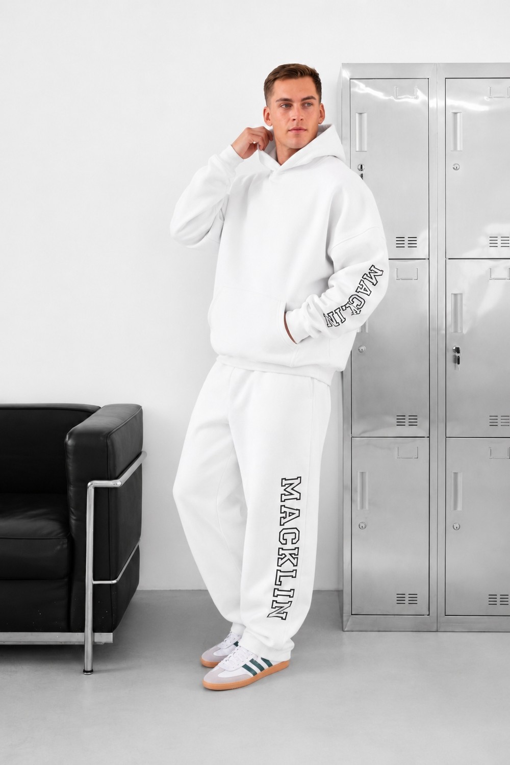 Macklin Unisex Kadın Erkek Macklin Yazı Kol ve Paça Baskılı Oversize 3 Iplik Kapüşonlu Sweatshirt ve Baggy Eşofman Altı