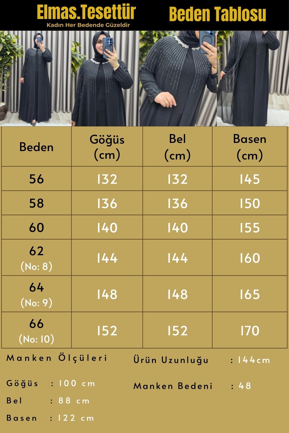 Elmas Tesettür Kadın Giyim Büyük Beden Kolu ve Önü Damla Taşlı Şifon Abiye Elbise görsel 3