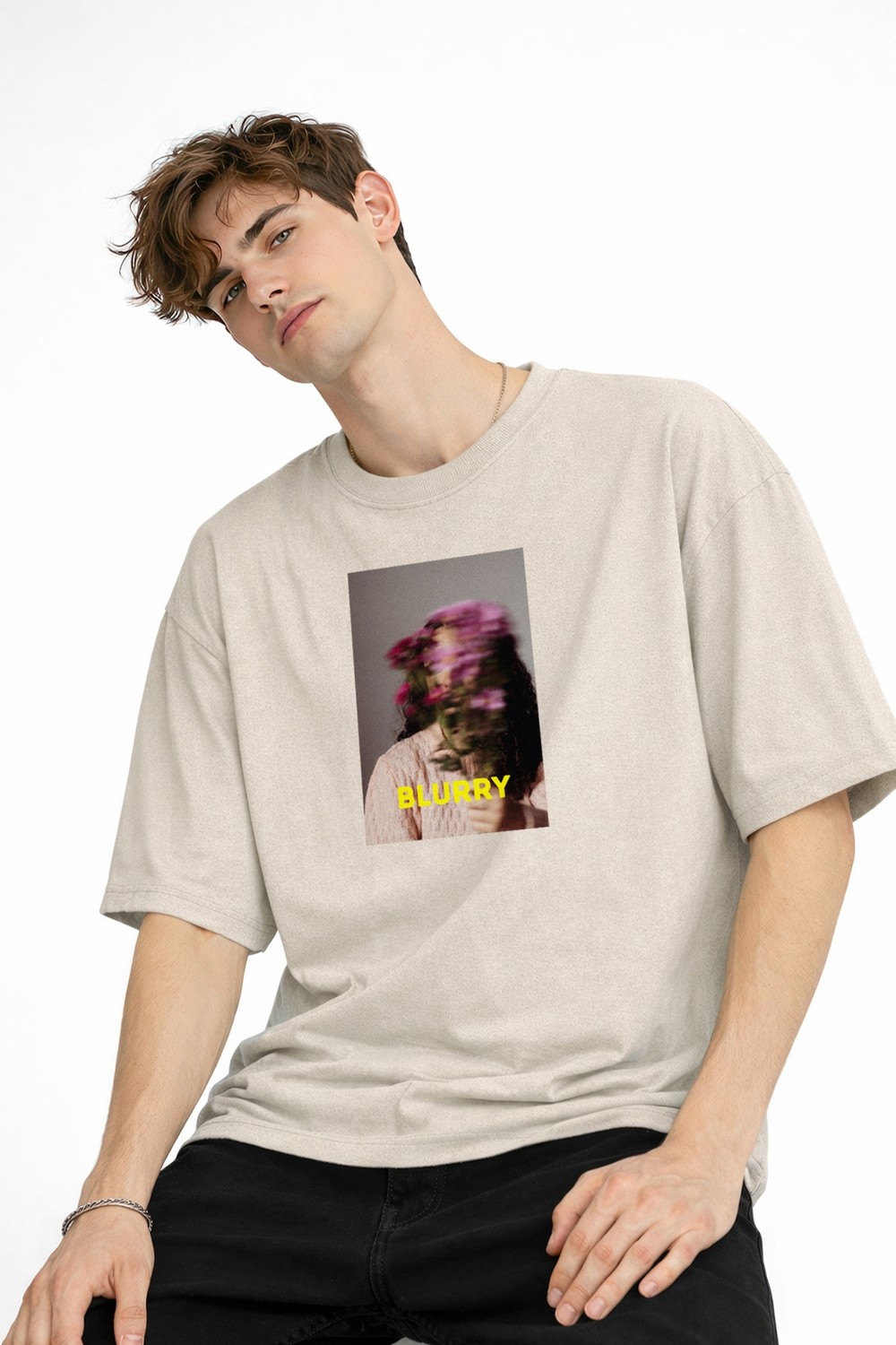 TeknoKapsül Blurry - Oversize Erkek Tişört Bej
