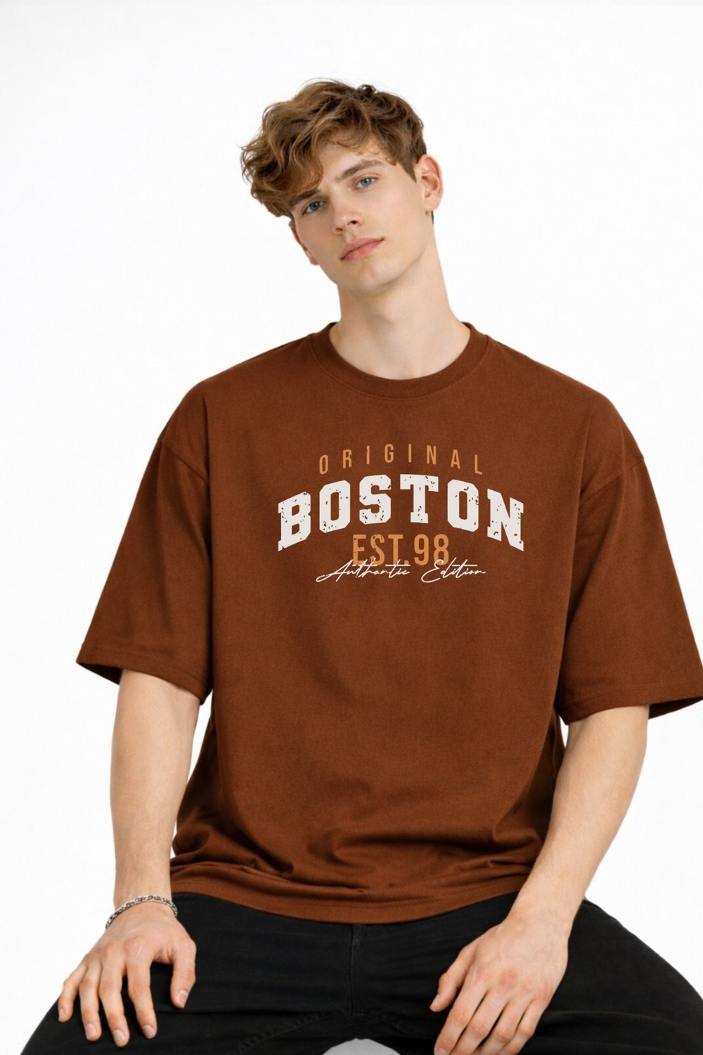 TeknoKapsül Boston - Baskılı Oversize Tişört Kahve görsel 2