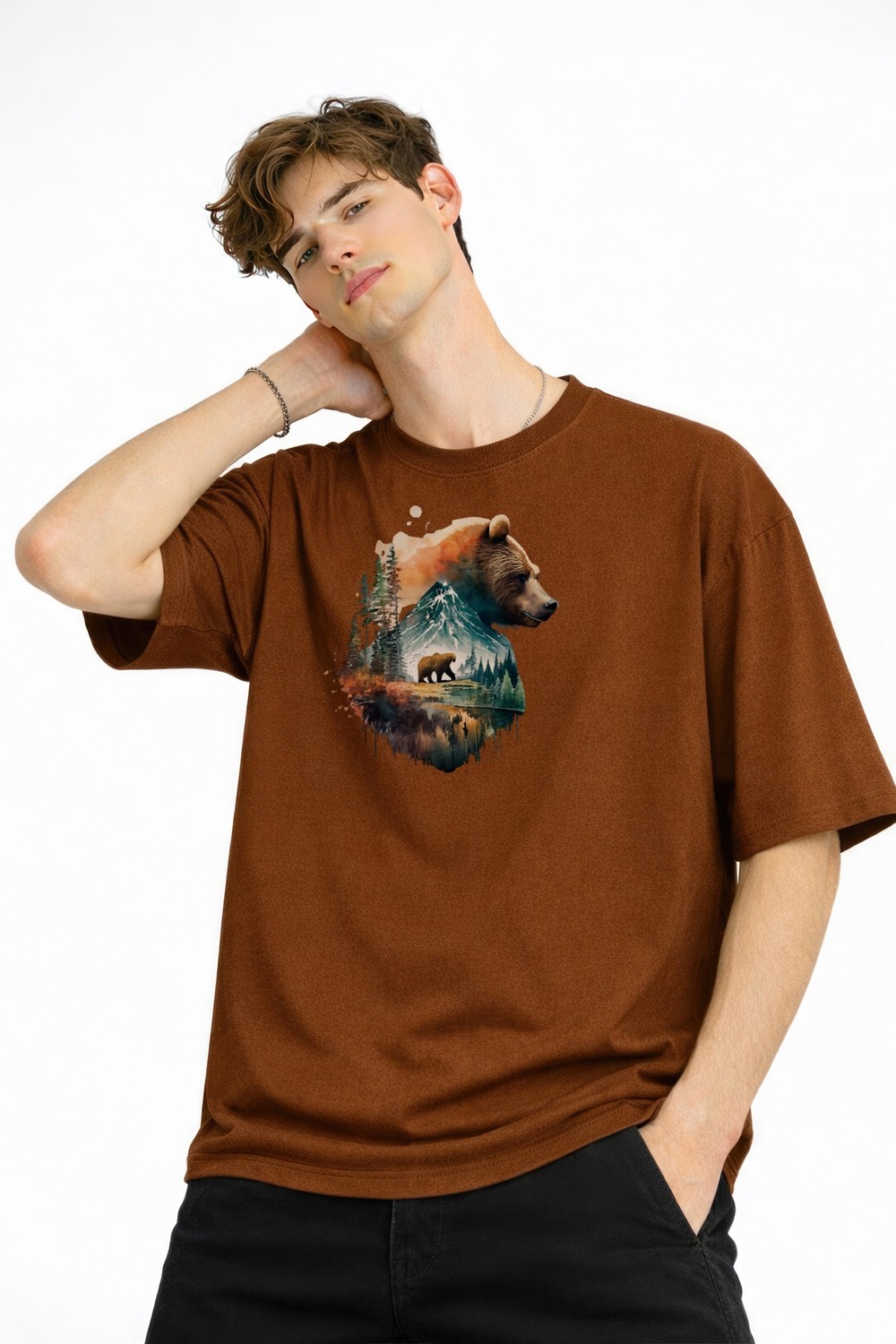 TeknoKapsül Bear2 - Oversize Tişört Kahve görsel 4