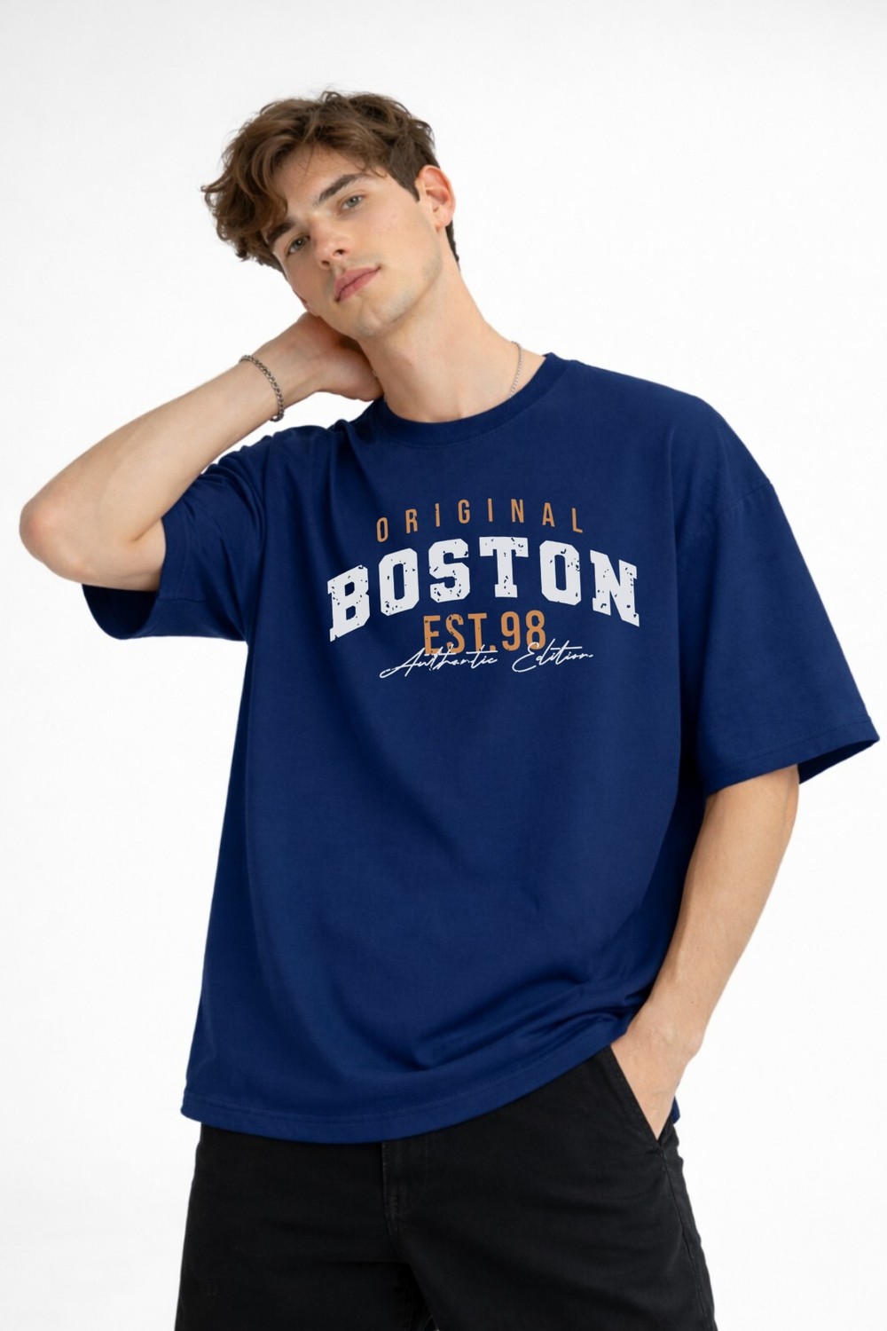 TeknoKapsül Boston - Baskılı Oversize Tişört Lacıvert görsel 2