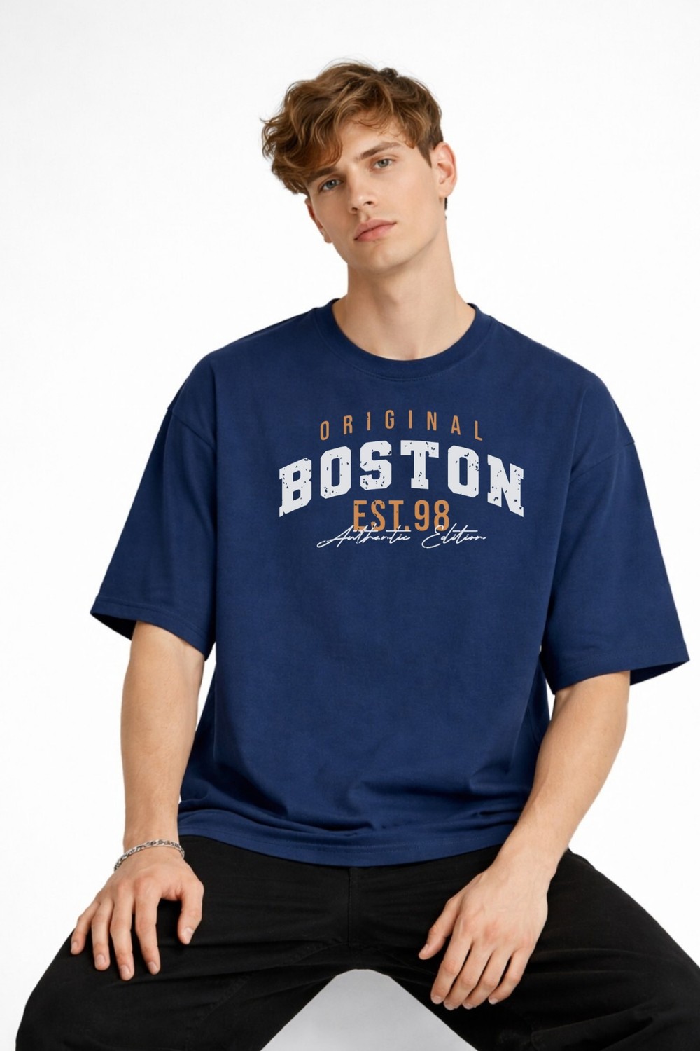 TeknoKapsül Boston - Baskılı Oversize Tişört Lacıvert görsel 3