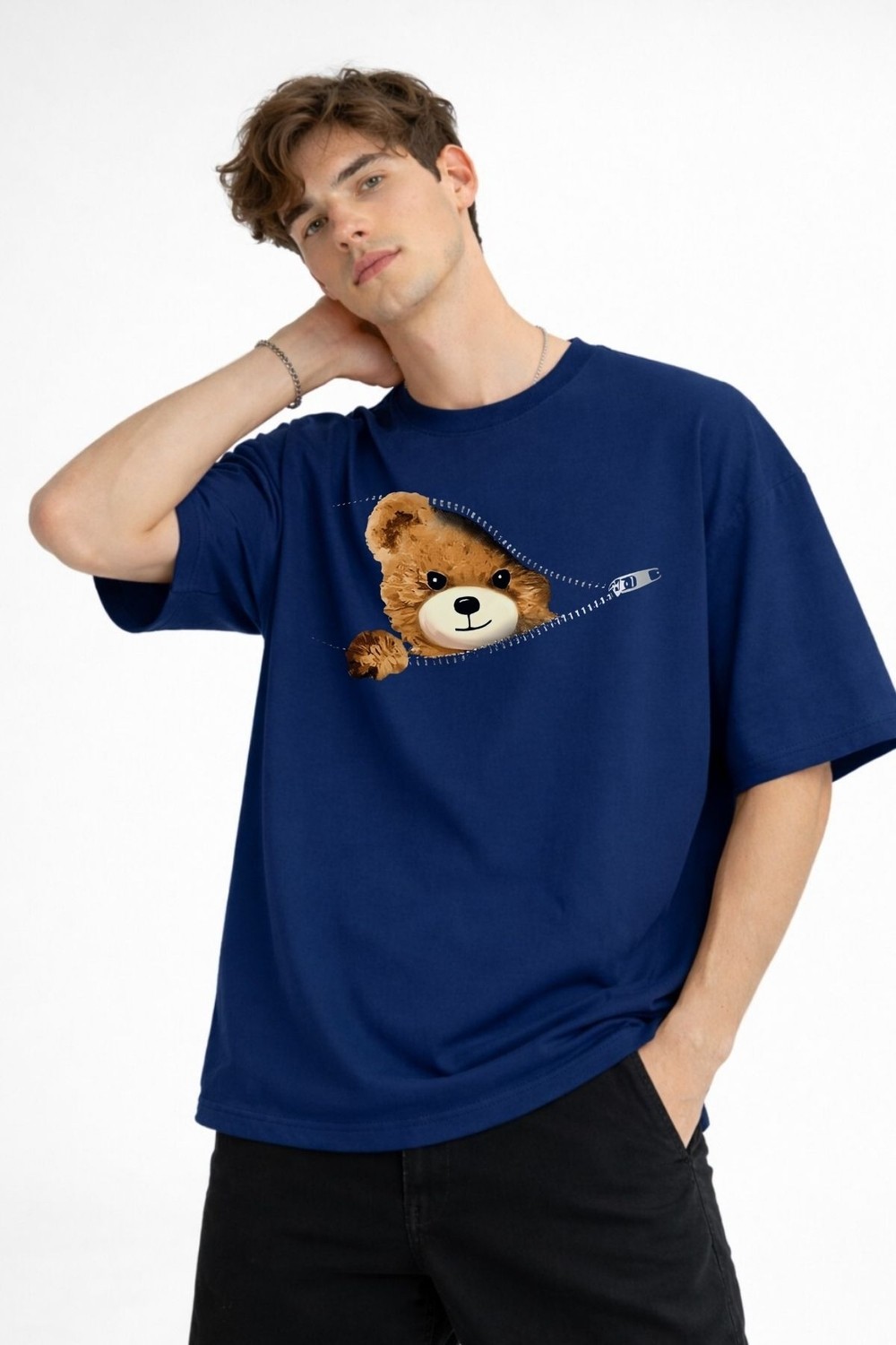 TeknoKapsül Mn - Bear Baskılı Oversize Tişört Lacıvert görsel 3