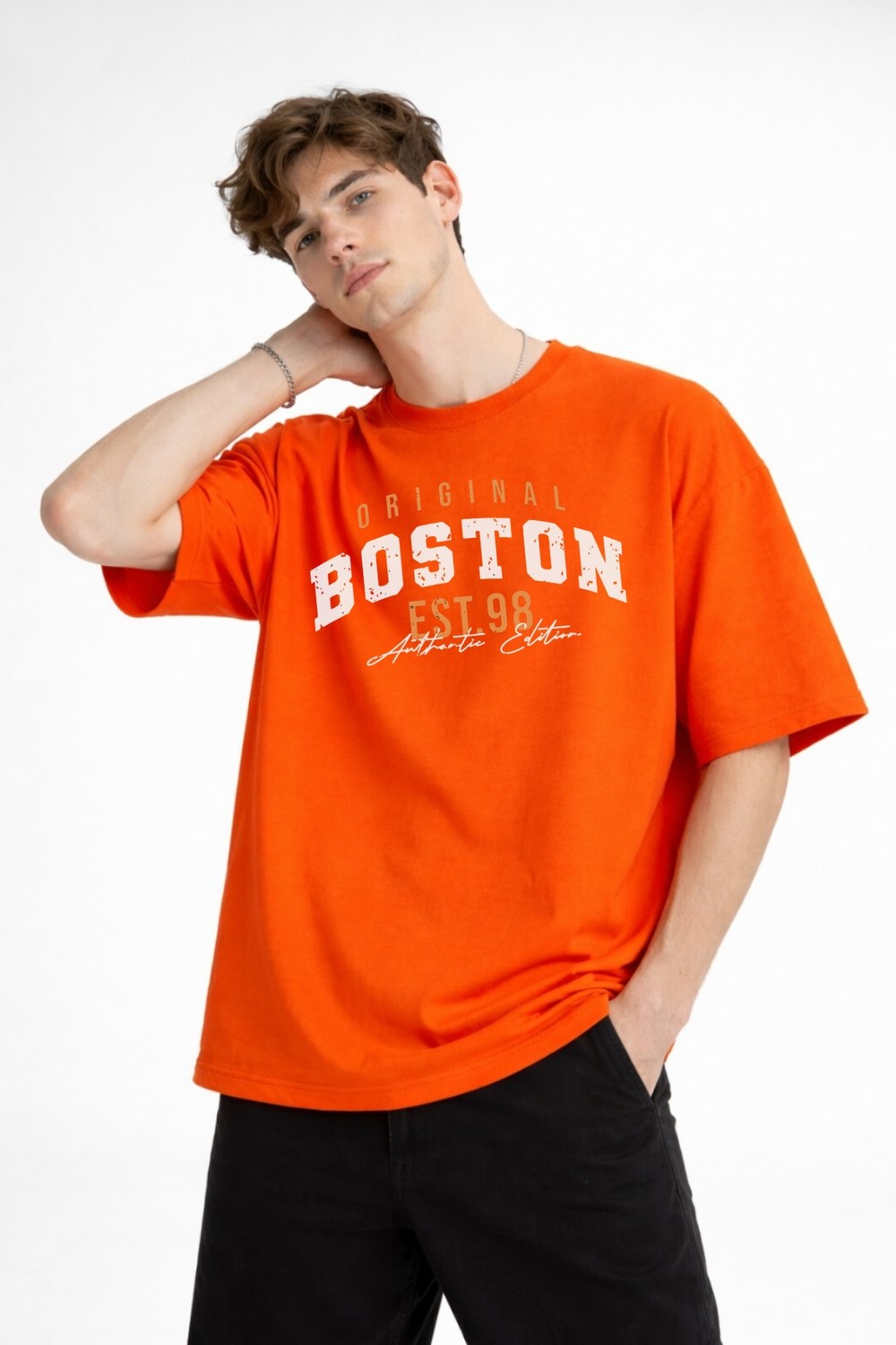 TeknoKapsül Boston - Baskılı Oversize Tişört Turuncu