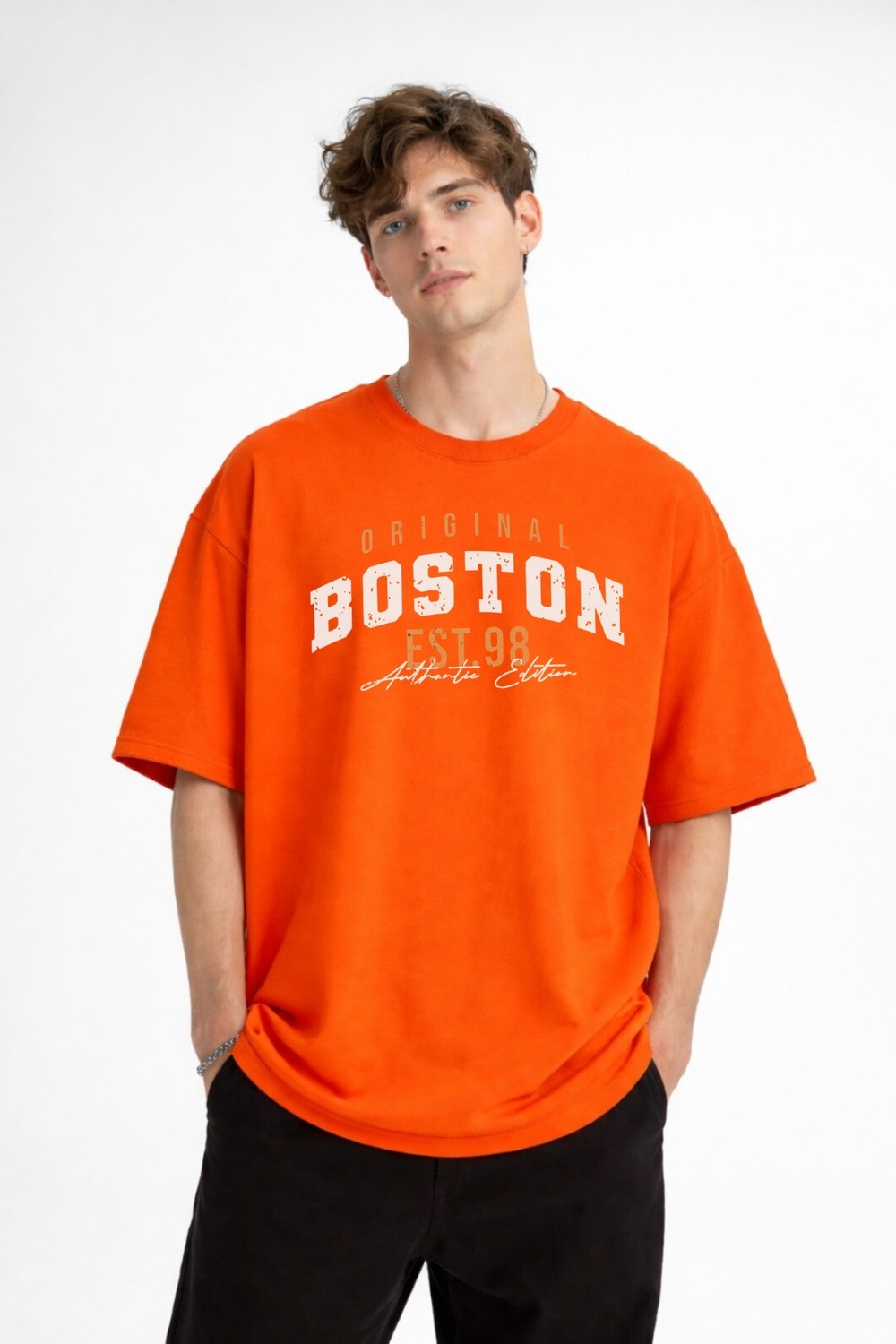 TeknoKapsül Boston - Baskılı Oversize Tişört Turuncu görsel 2