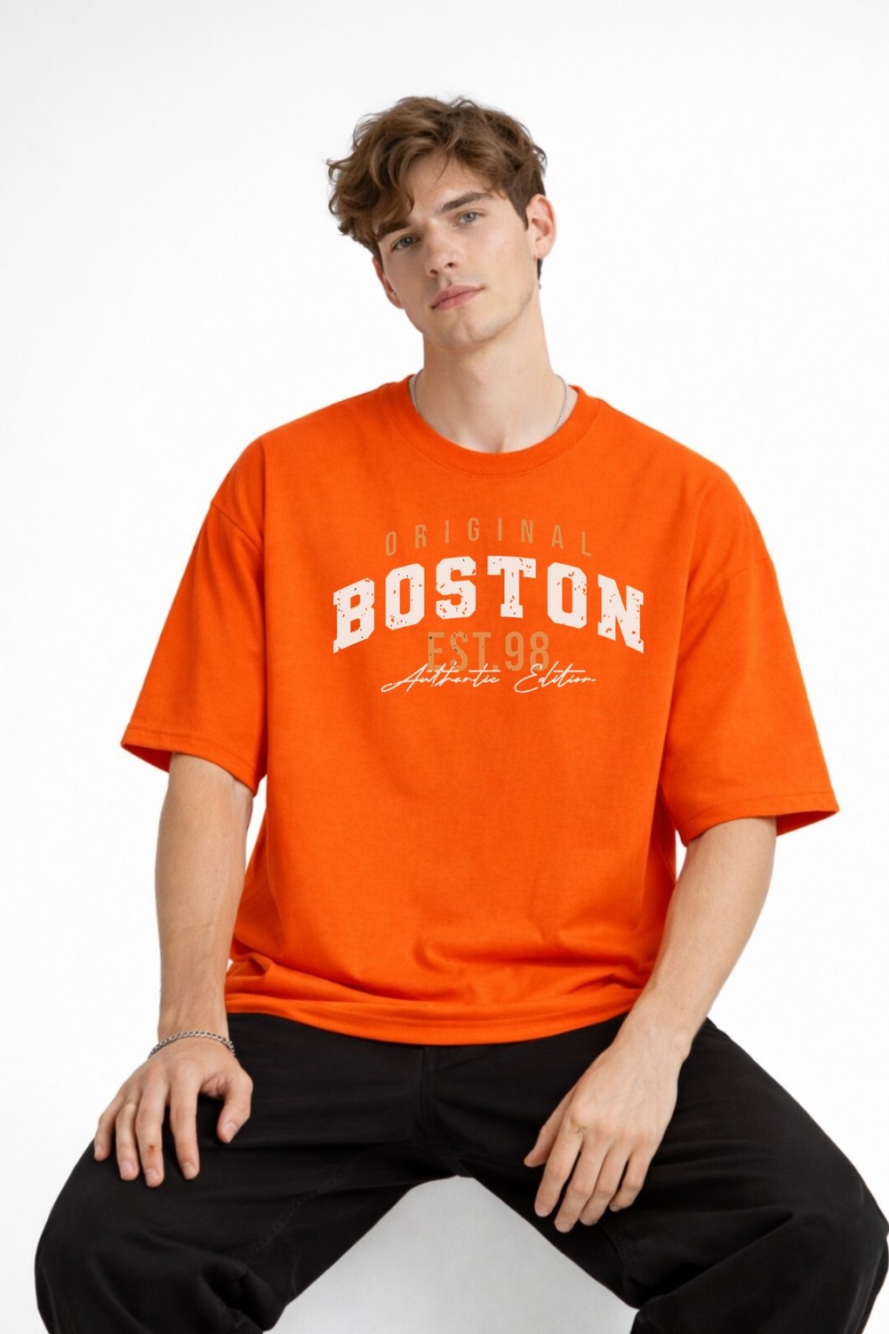 TeknoKapsül Boston - Baskılı Oversize Tişört Turuncu görsel 5