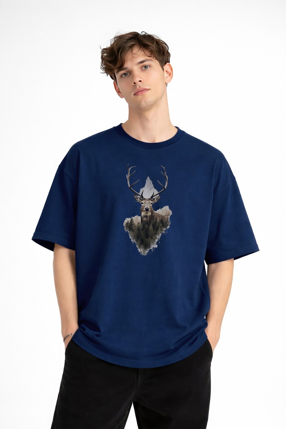 TeknoKapsül Deer - Oversize Erkek Tişört Koyu Mavi görsel 3