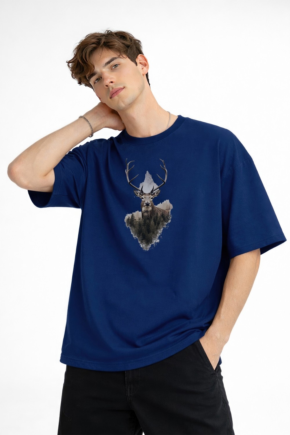 TeknoKapsül Deer - Oversize Erkek Tişört Koyu Mavi görsel 4