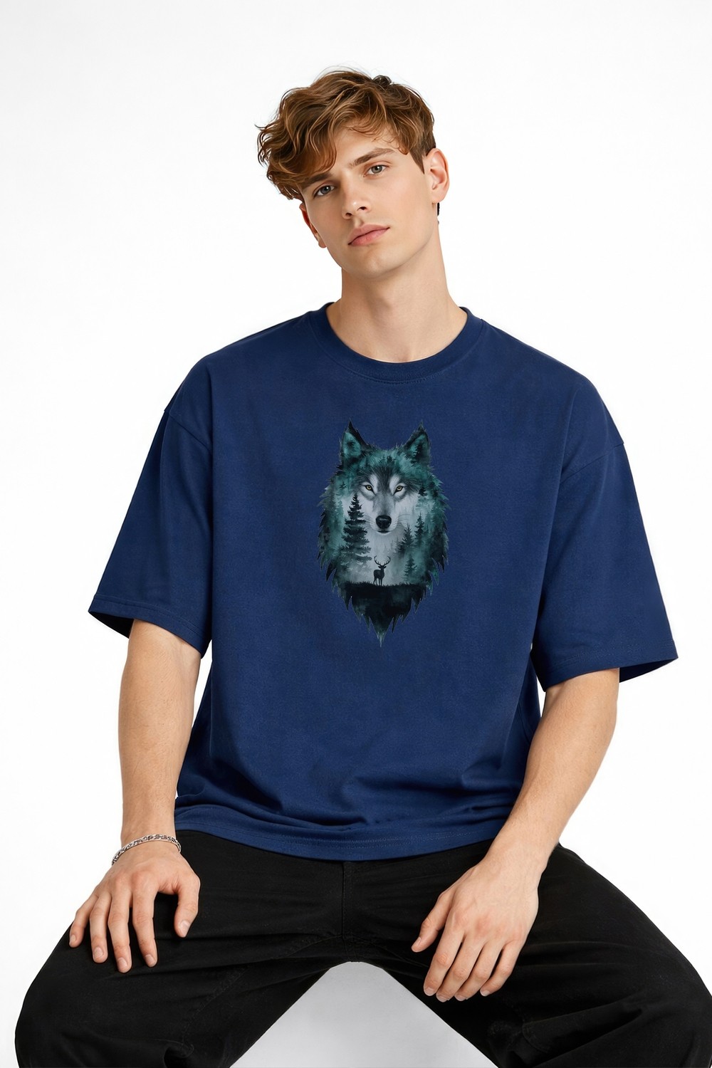TeknoKapsül Wolf - Oversize Erkek Tişört Koyu Mavi