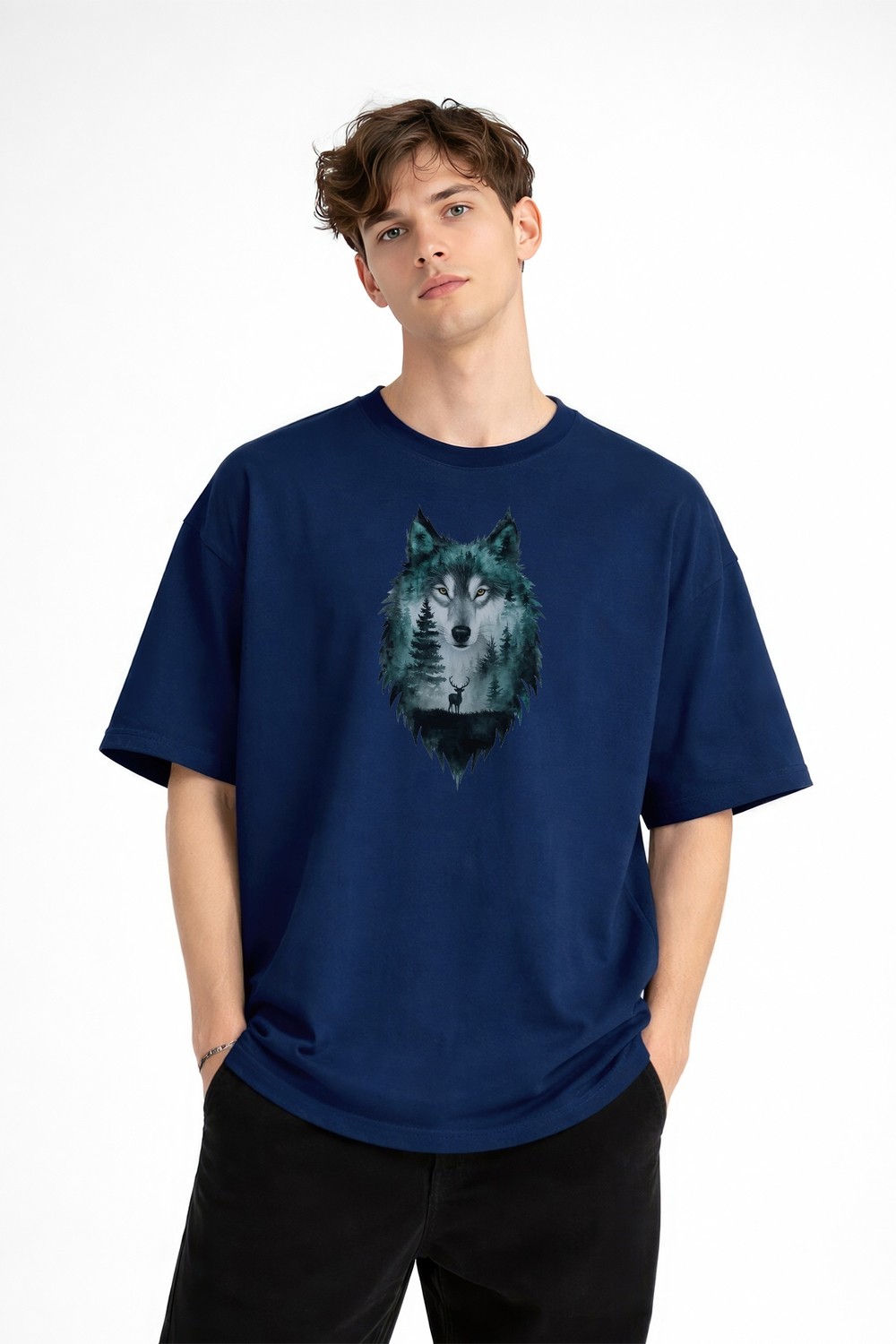TeknoKapsül Wolf - Oversize Erkek Tişört Koyu Mavi görsel 3